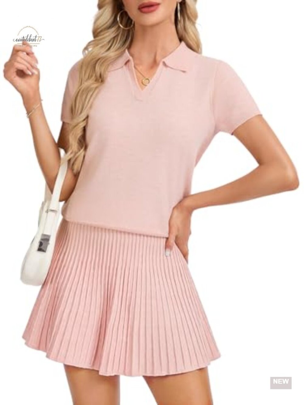 Women's 2 Piece Sweater Skirt Set Polo V Neck Short Sleeve Knit Top Pleated